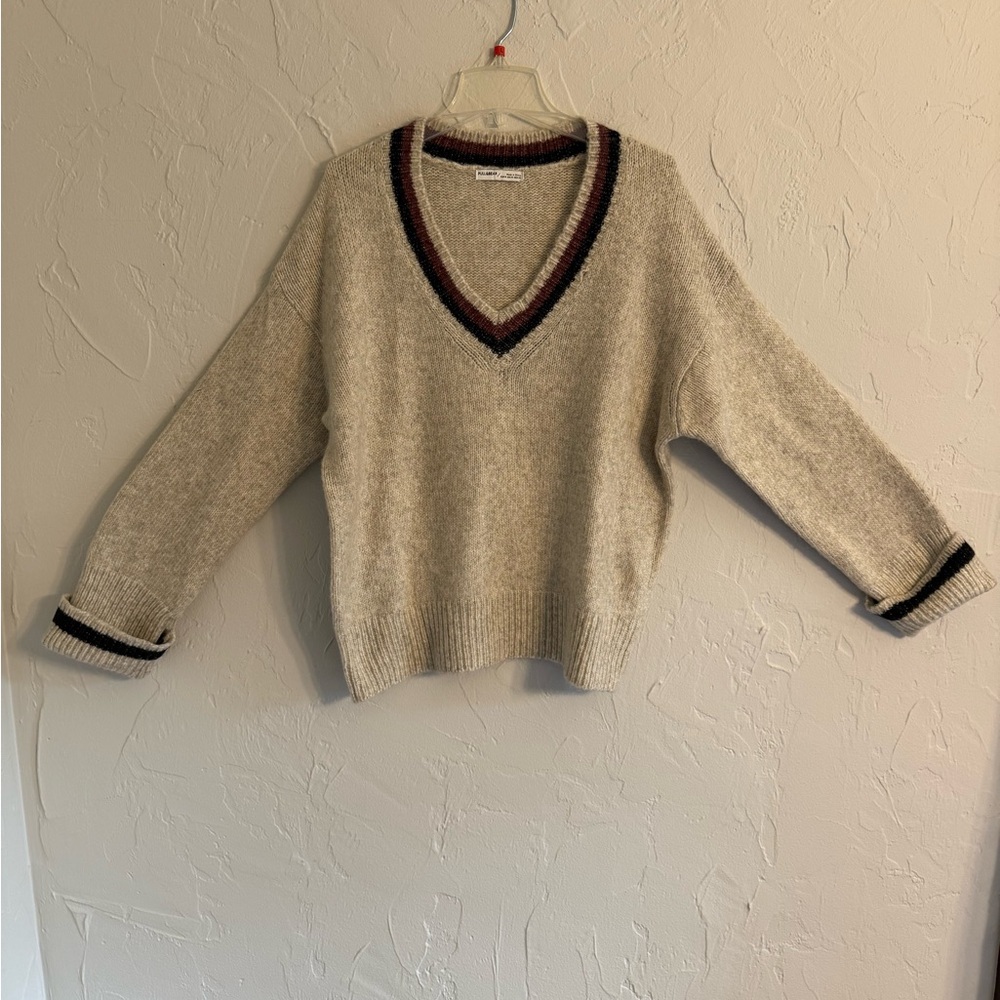 Pull&Bear Beige V-Neck Sweater with Striped Accents